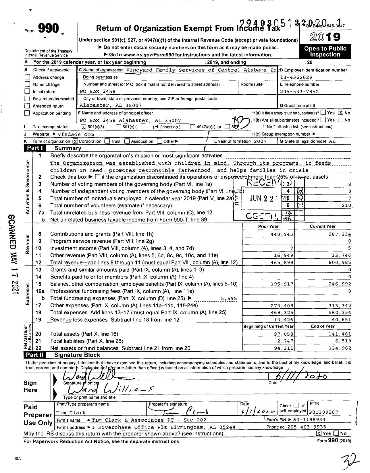 Image of first page of 2019 Form 990 for Vineyard Family Services of Central Alabama