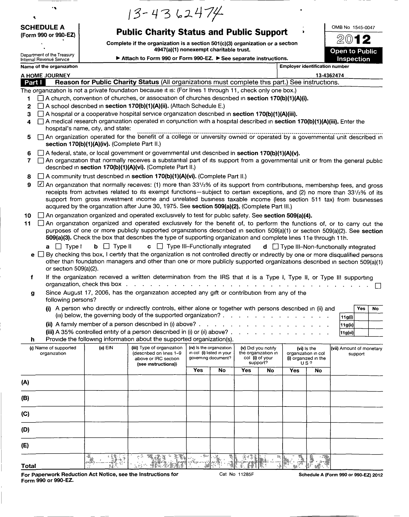 Image of first page of 2012 Form 990ER for A Home Journey