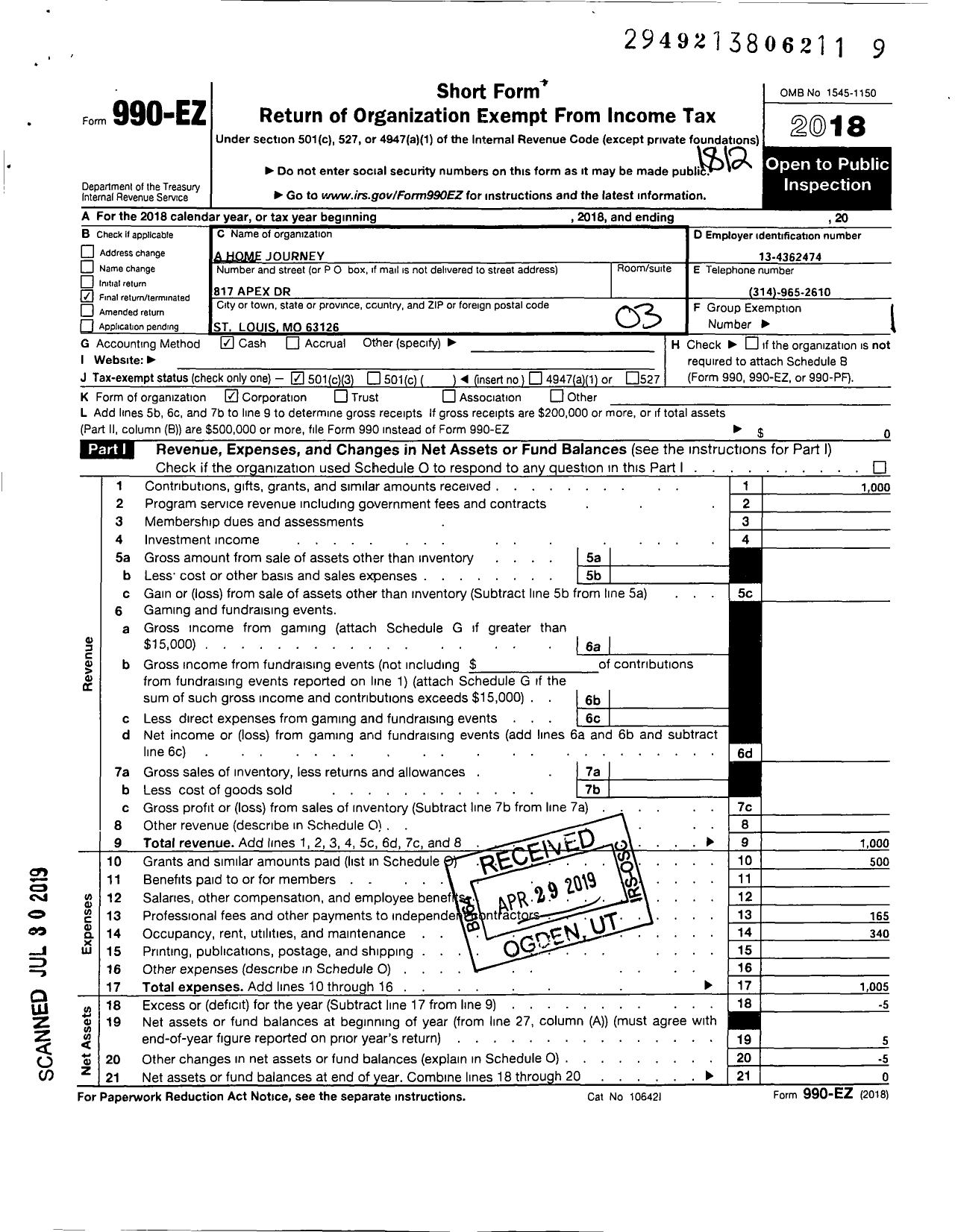 Image of first page of 2018 Form 990EZ for A Home Journey