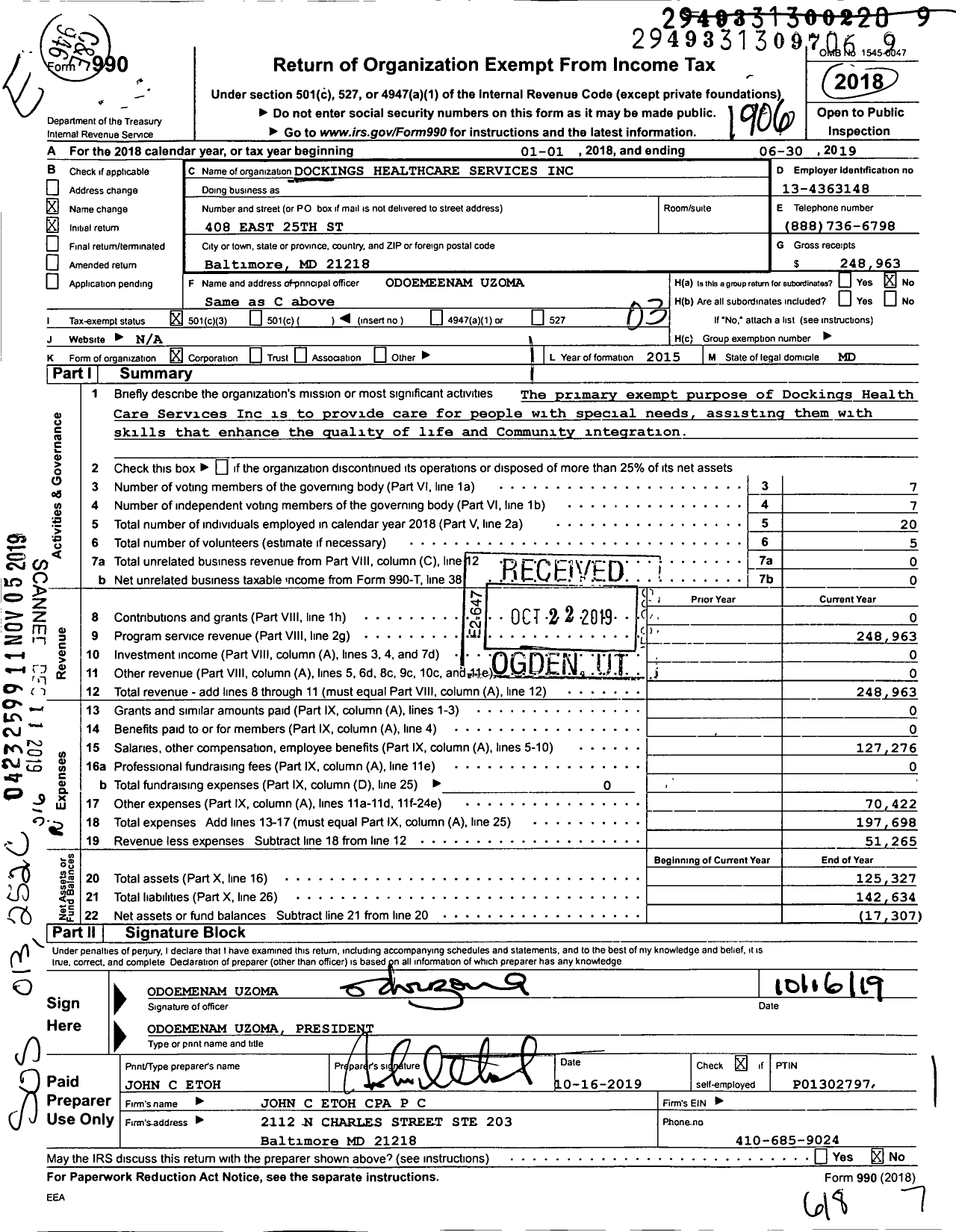 Image of first page of 2018 Form 990 for Dockings Healthcare Services