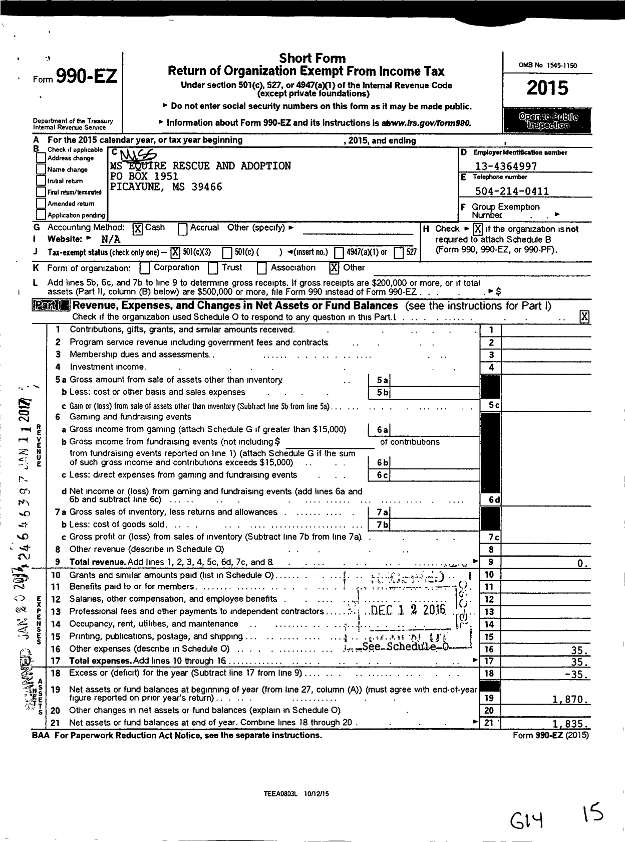 Image of first page of 2015 Form 990EZ for Mississippi Equine Rescue and Adoption (MERA)