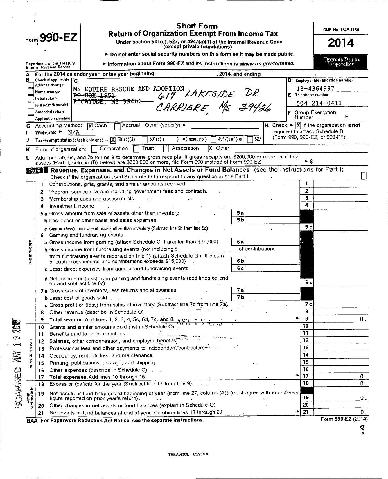 Image of first page of 2014 Form 990EZ for Mississippi Equine Rescue and Adoption (MERA)