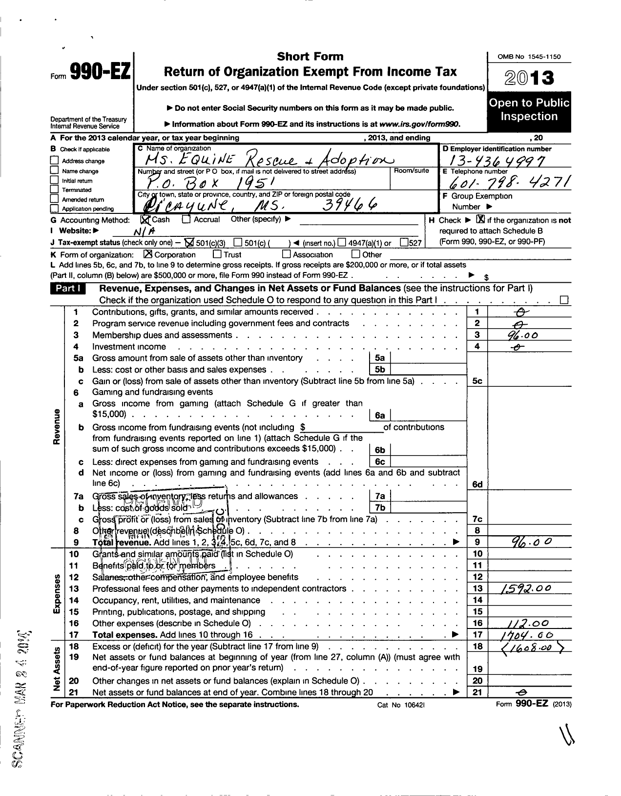 Image of first page of 2013 Form 990EZ for Mississippi Equine Rescue and Adoption (MERA)