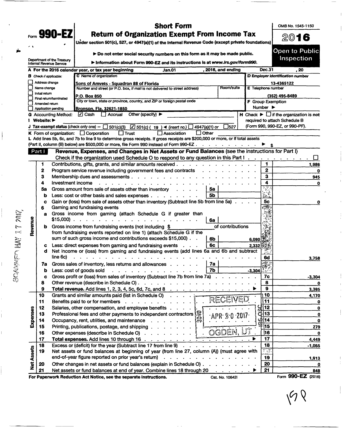 Image of first page of 2016 Form 990EO for Amvets - FL 88