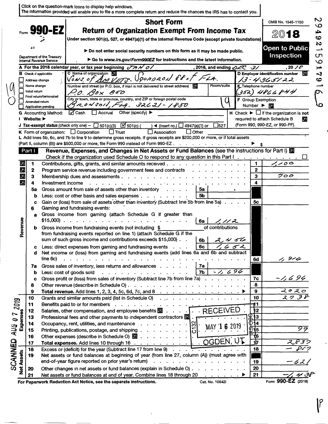 Image of first page of 2018 Form 990EO for Amvets - FL 88