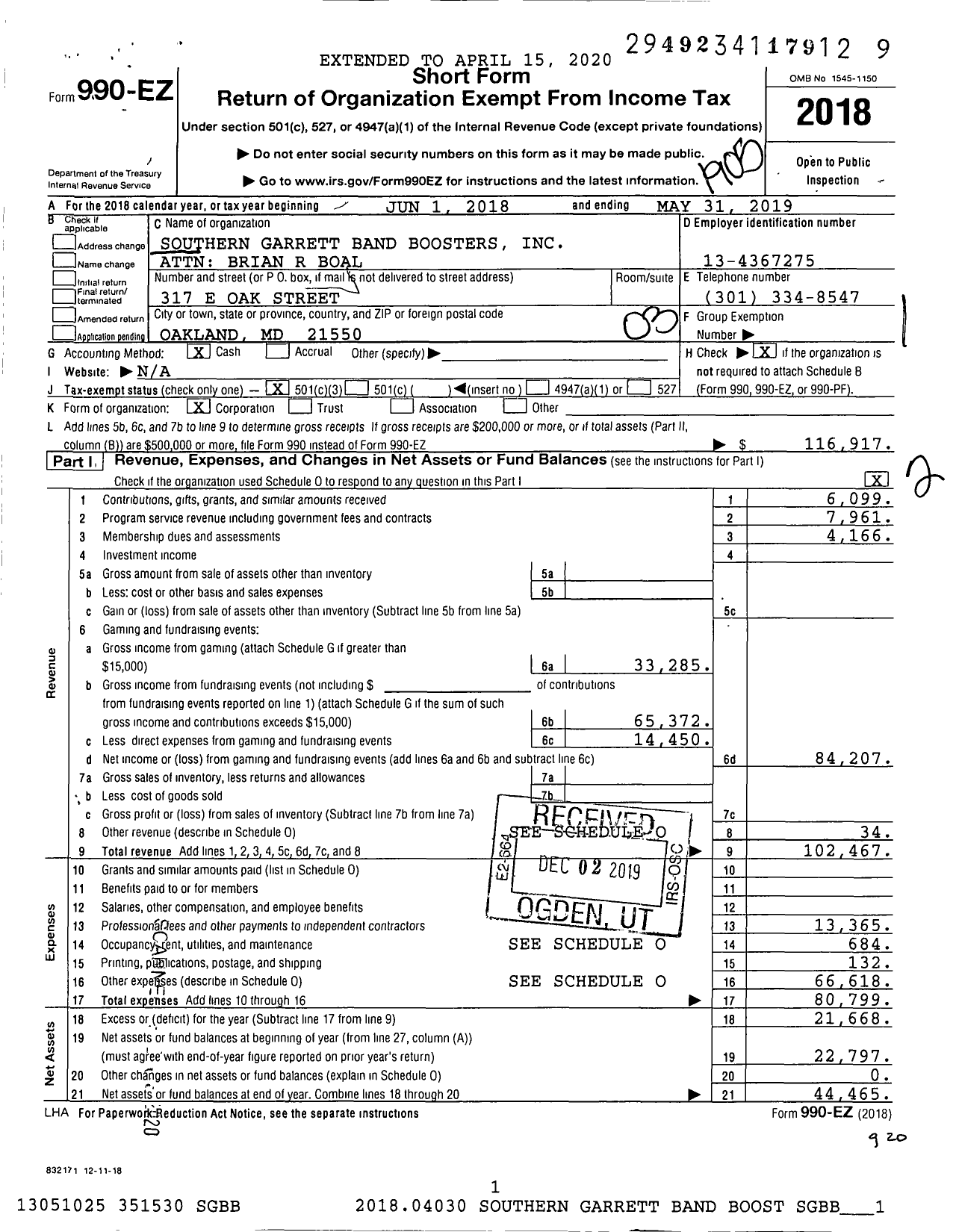 Image of first page of 2018 Form 990EZ for Southern Garrett Band Boosters Attn Amanda Bray