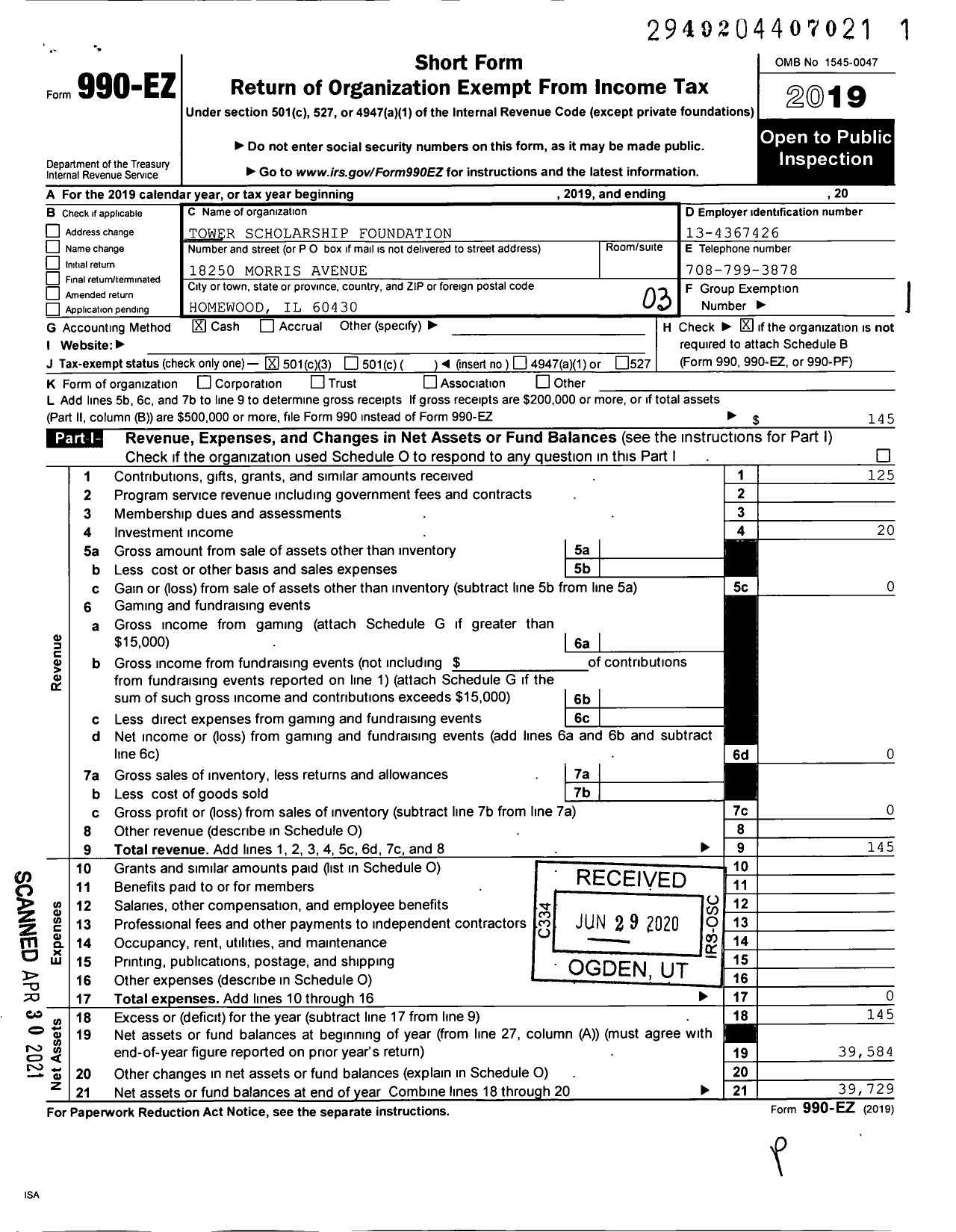 Image of first page of 2019 Form 990EZ for Tower Scholarship Foundation