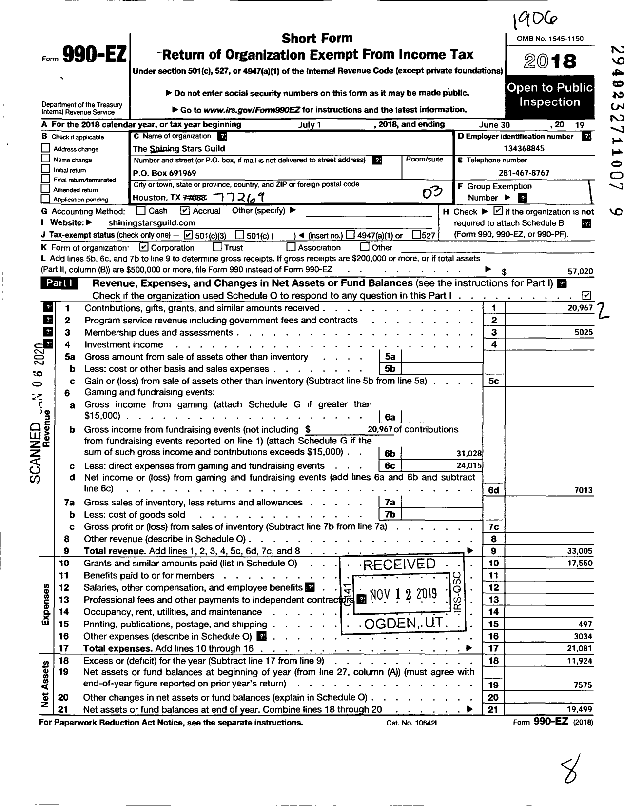 Image of first page of 2018 Form 990EZ for The Shining Stars Guild