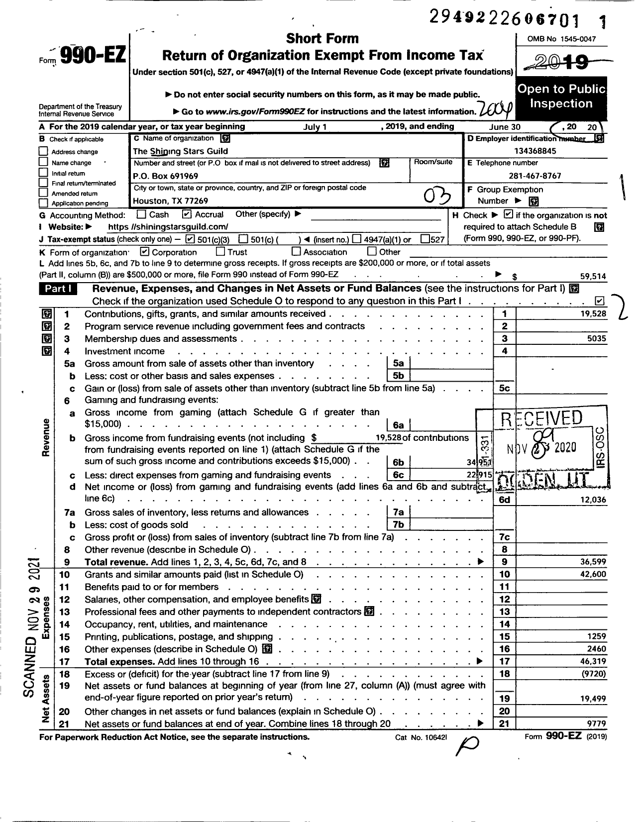 Image of first page of 2019 Form 990EZ for The Shining Stars Guild