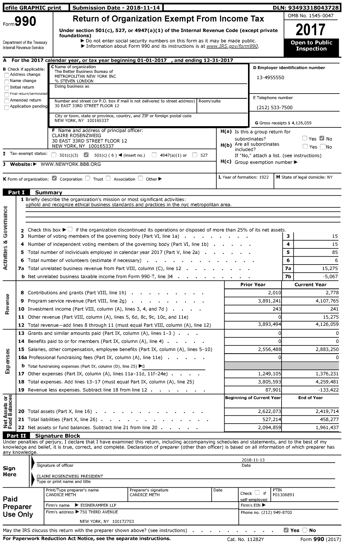 Image of first page of 2017 Form 990 for The Better Business Bureau of METROPOLITAN NEW YORK
