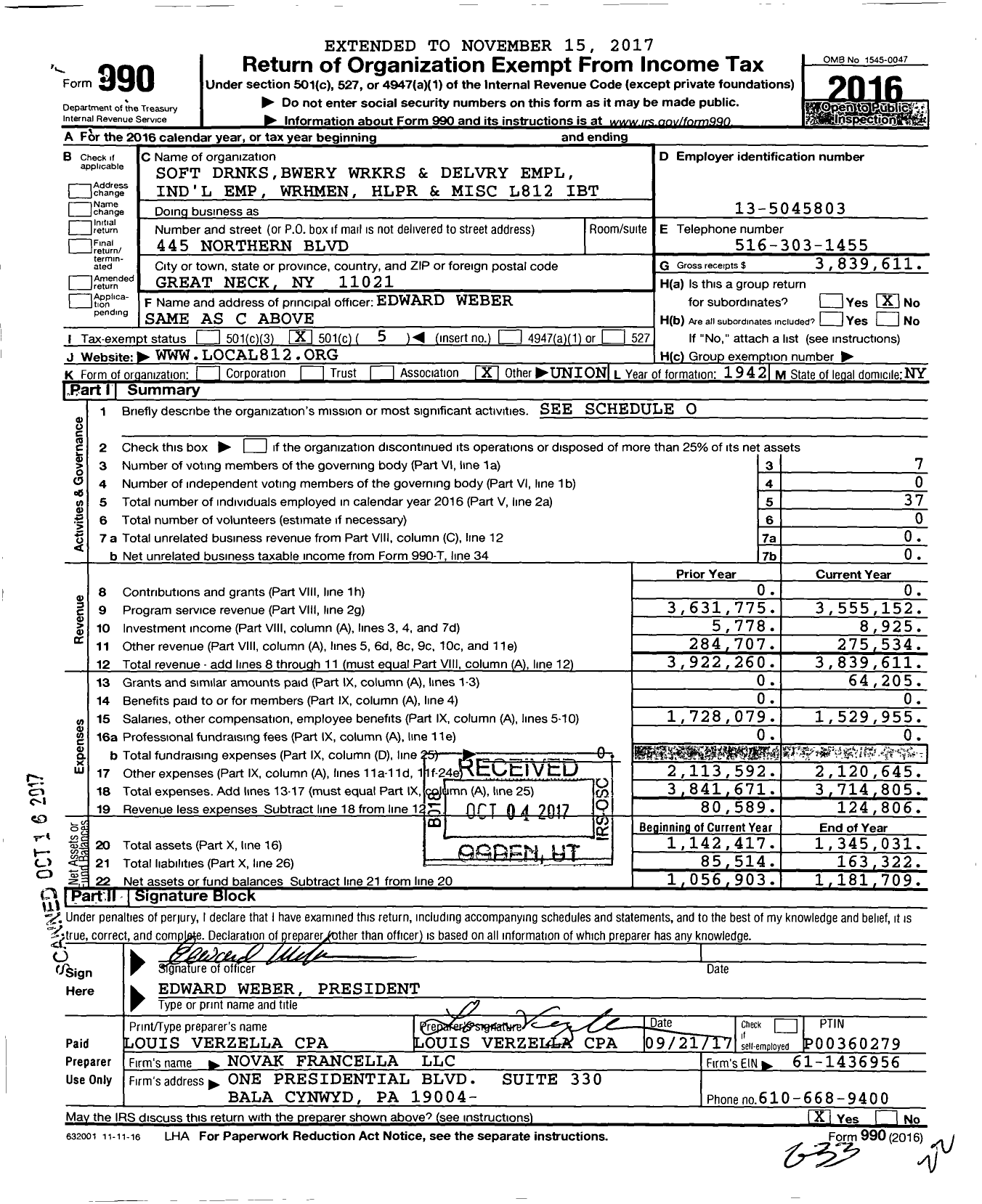 Image of first page of 2016 Form 990O for Teamsters - 812 TCWH