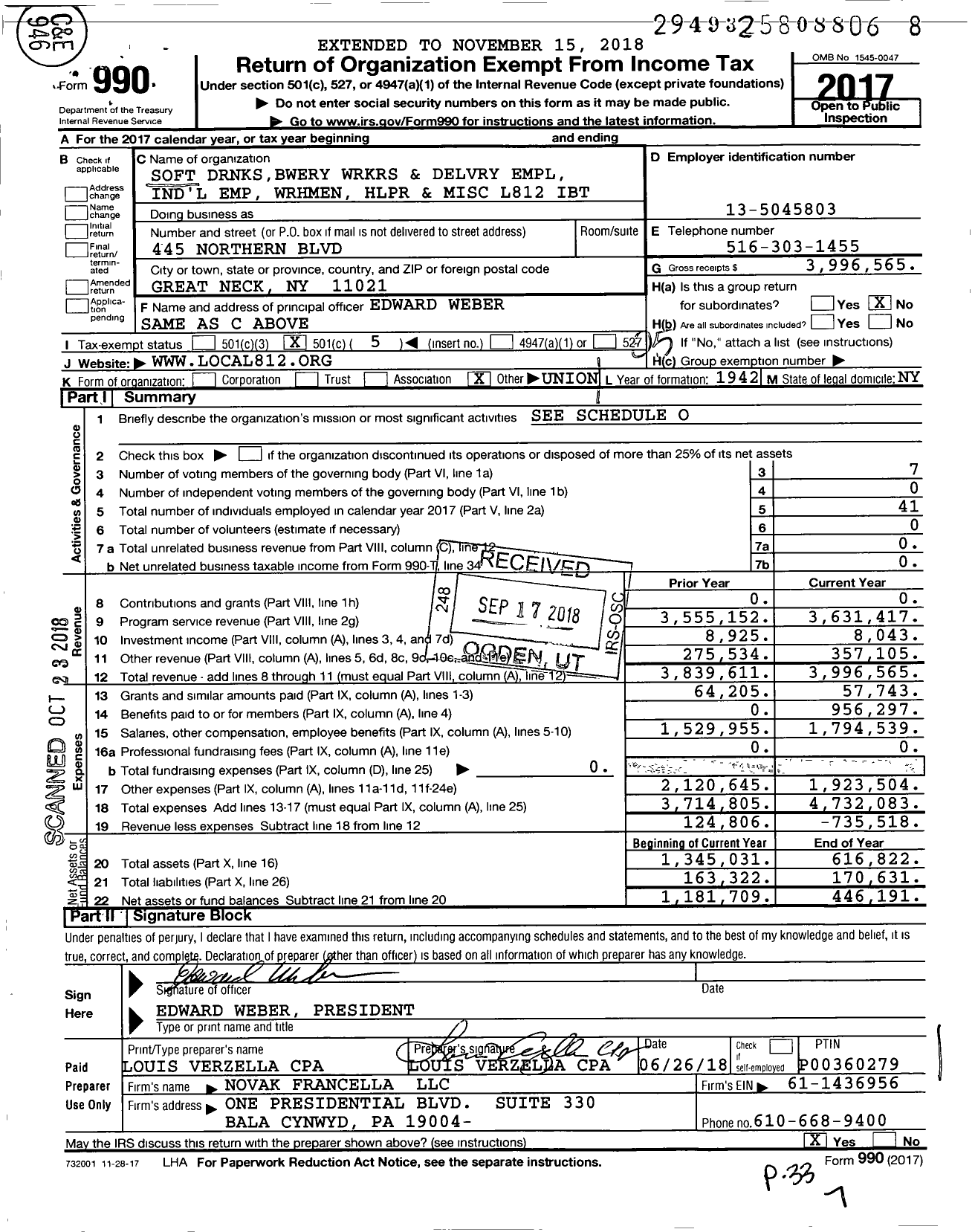 Image of first page of 2017 Form 990O for Teamsters - 812 TCWH