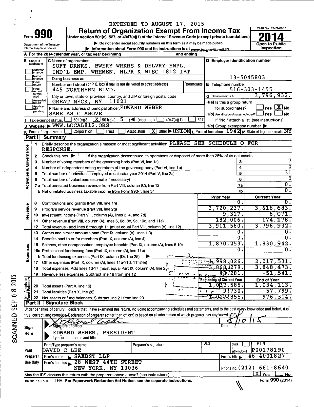 Image of first page of 2014 Form 990O for Teamsters - 812 TCWH