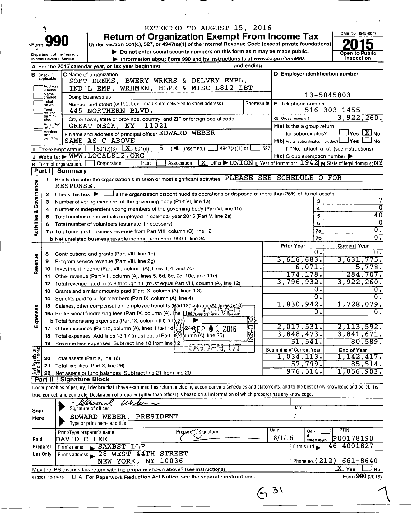 Image of first page of 2015 Form 990O for Teamsters - 812 TCWH
