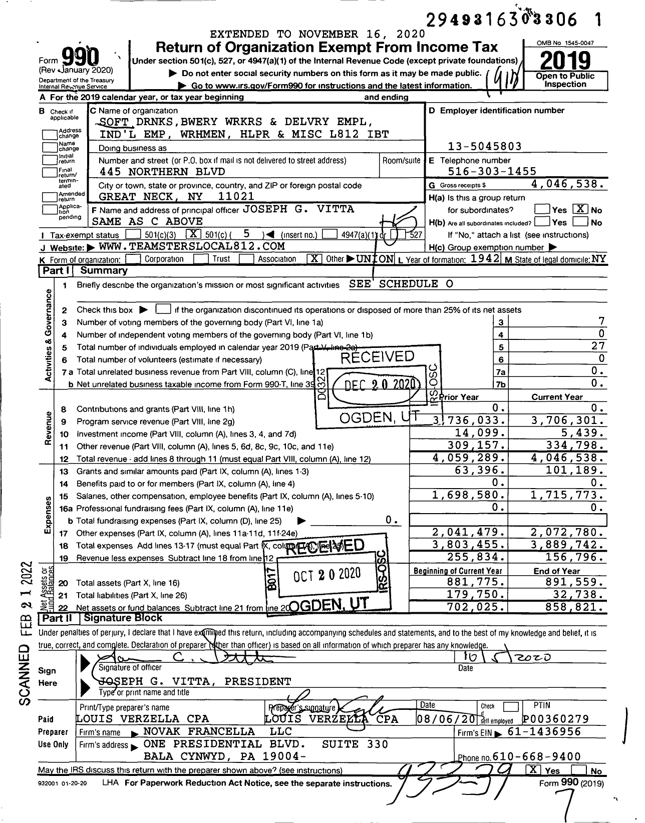 Image of first page of 2019 Form 990O for Teamsters - 812 TCWH