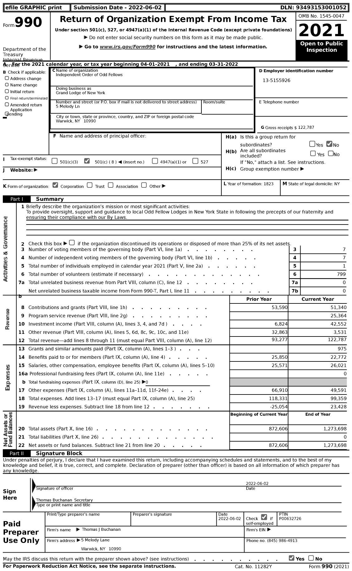 Image of first page of 2021 Form 990 for Grand Lodge of New York