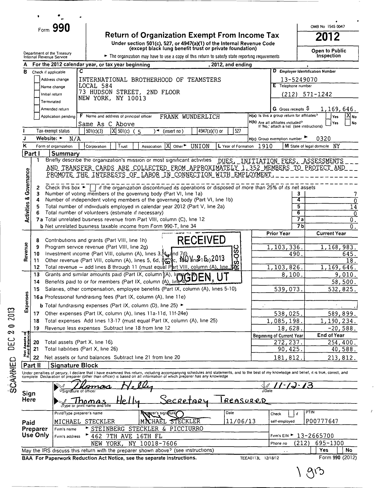 Image of first page of 2012 Form 990O for International Brotherhood of Teamsters Local 584