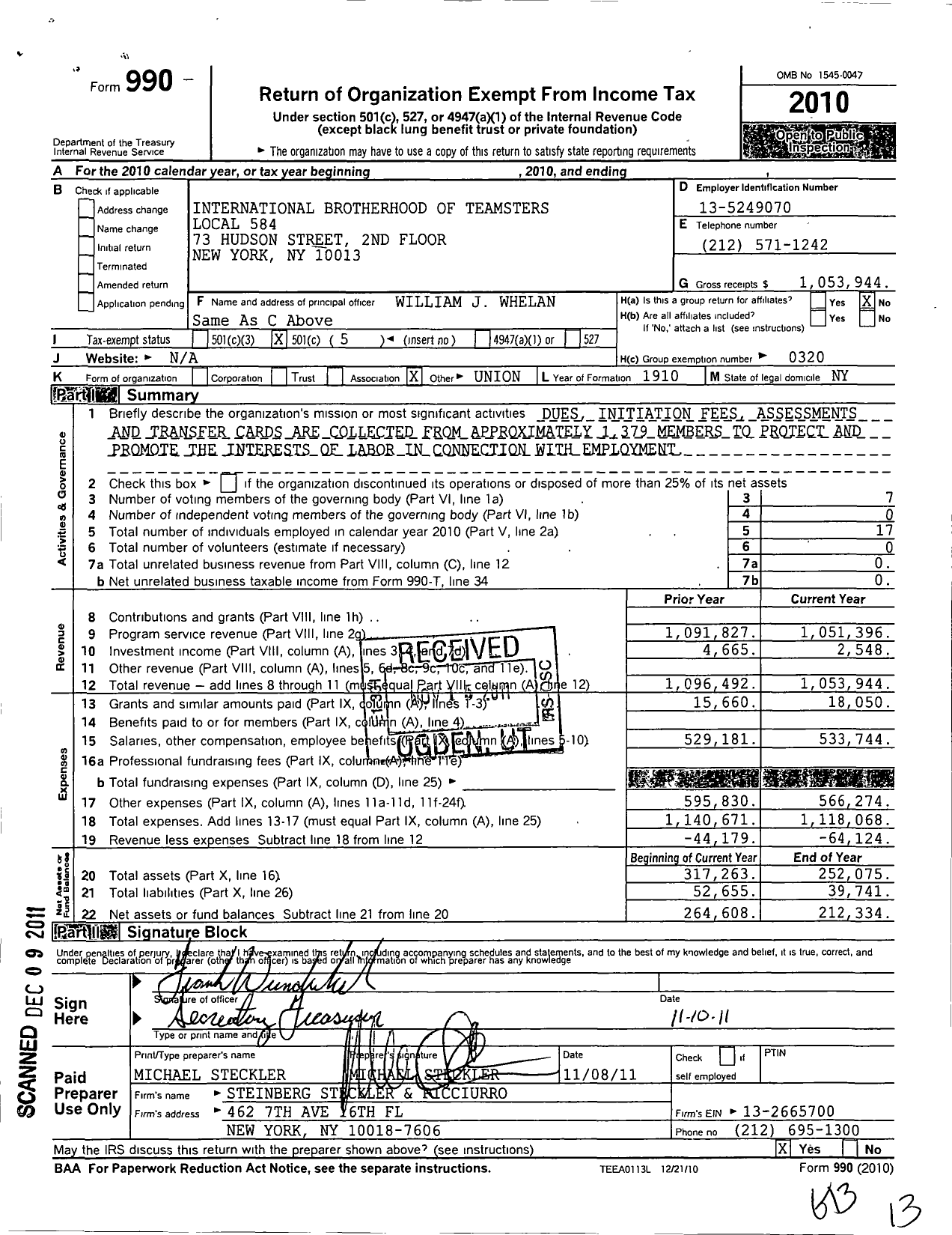 Image of first page of 2010 Form 990O for International Brotherhood of Teamsters Local 584