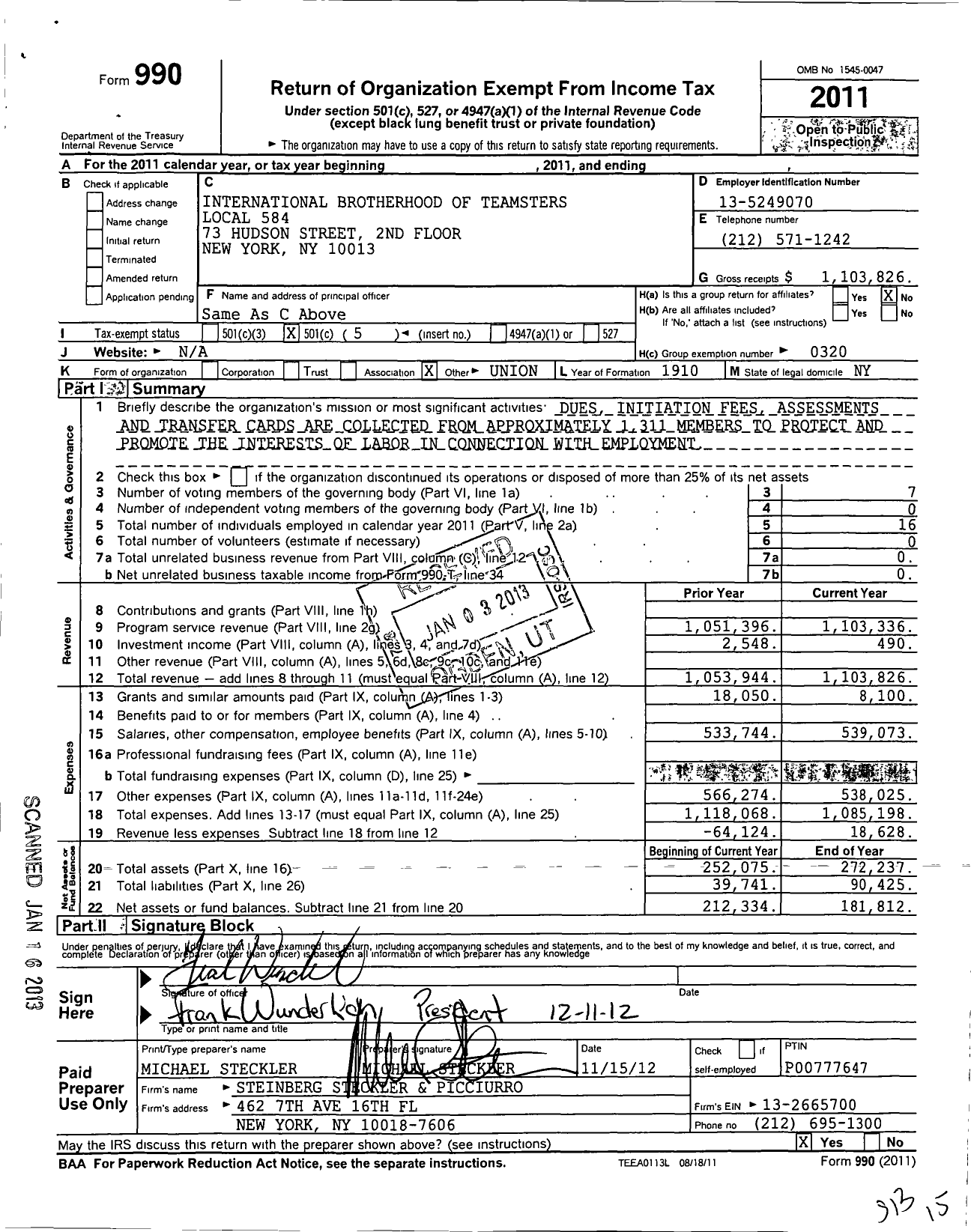 Image of first page of 2011 Form 990O for International Brotherhood of Teamsters Local 584