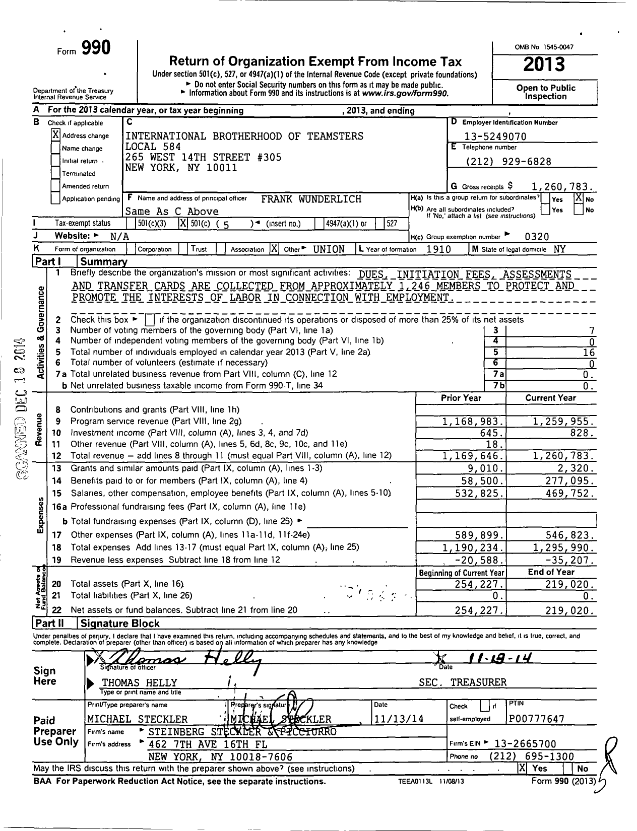 Image of first page of 2013 Form 990O for International Brotherhood of Teamsters Local 584