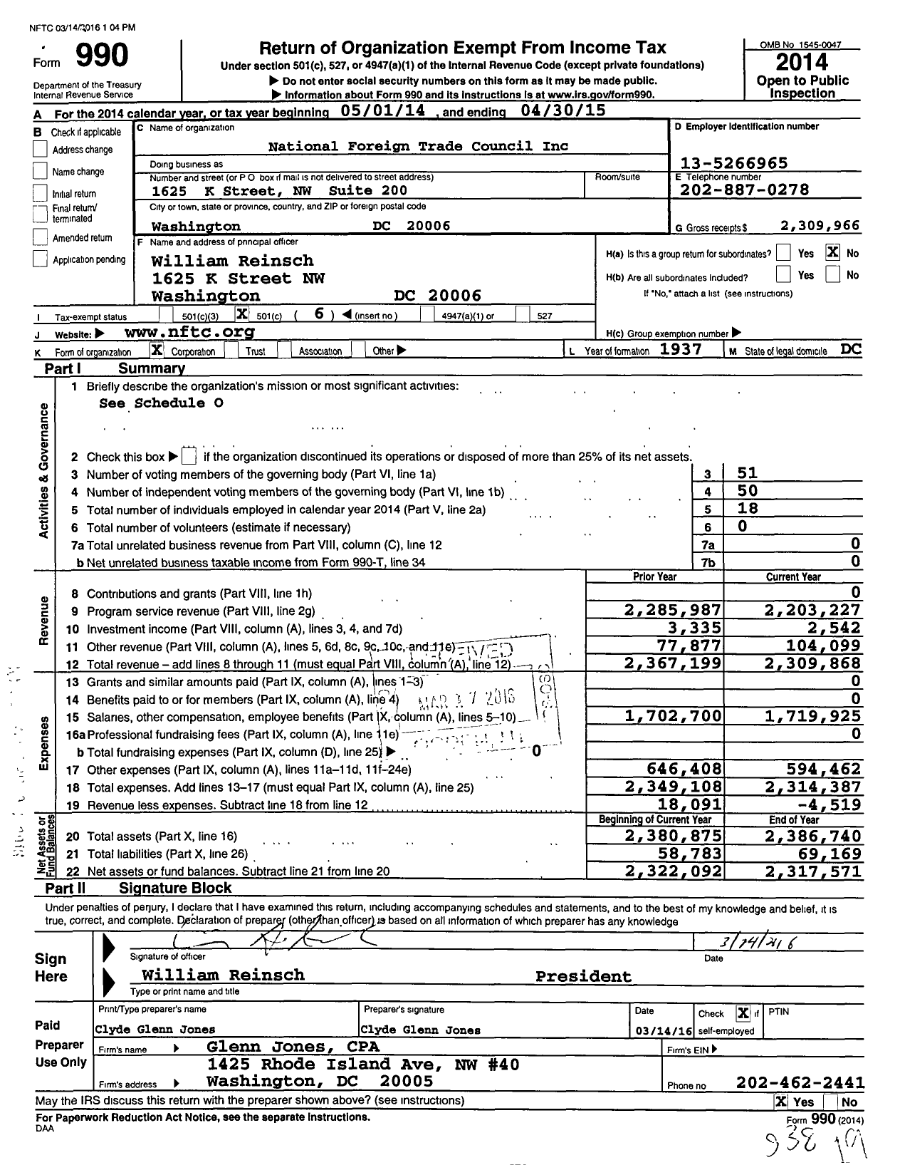 Image of first page of 2014 Form 990O for National Foreign Trade Council (NFTC)
