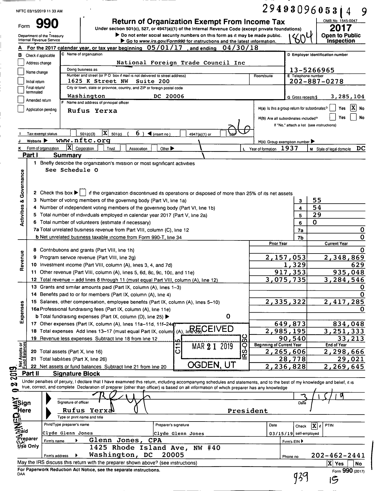Image of first page of 2017 Form 990O for National Foreign Trade Council (NFTC)