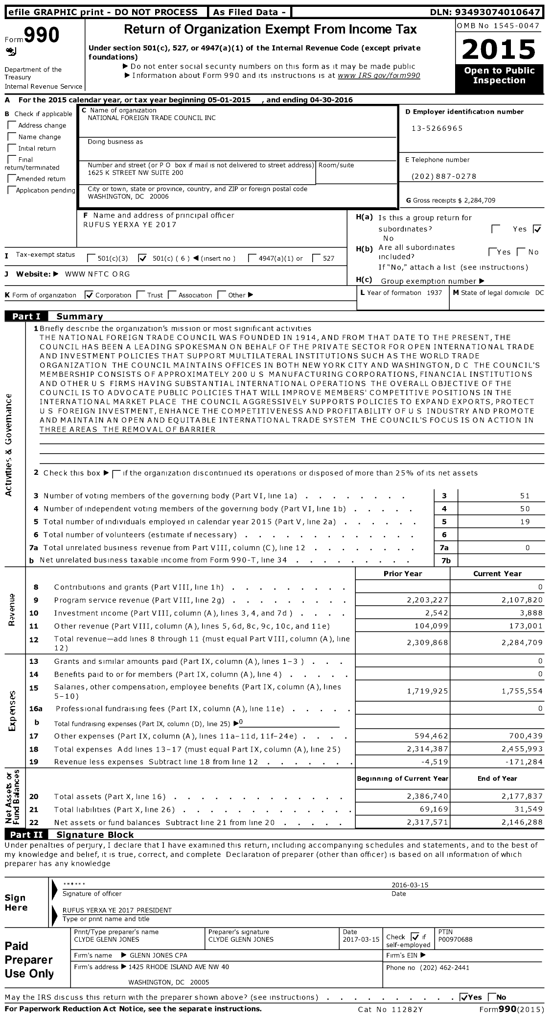 Image of first page of 2015 Form 990O for National Foreign Trade Council (NFTC)
