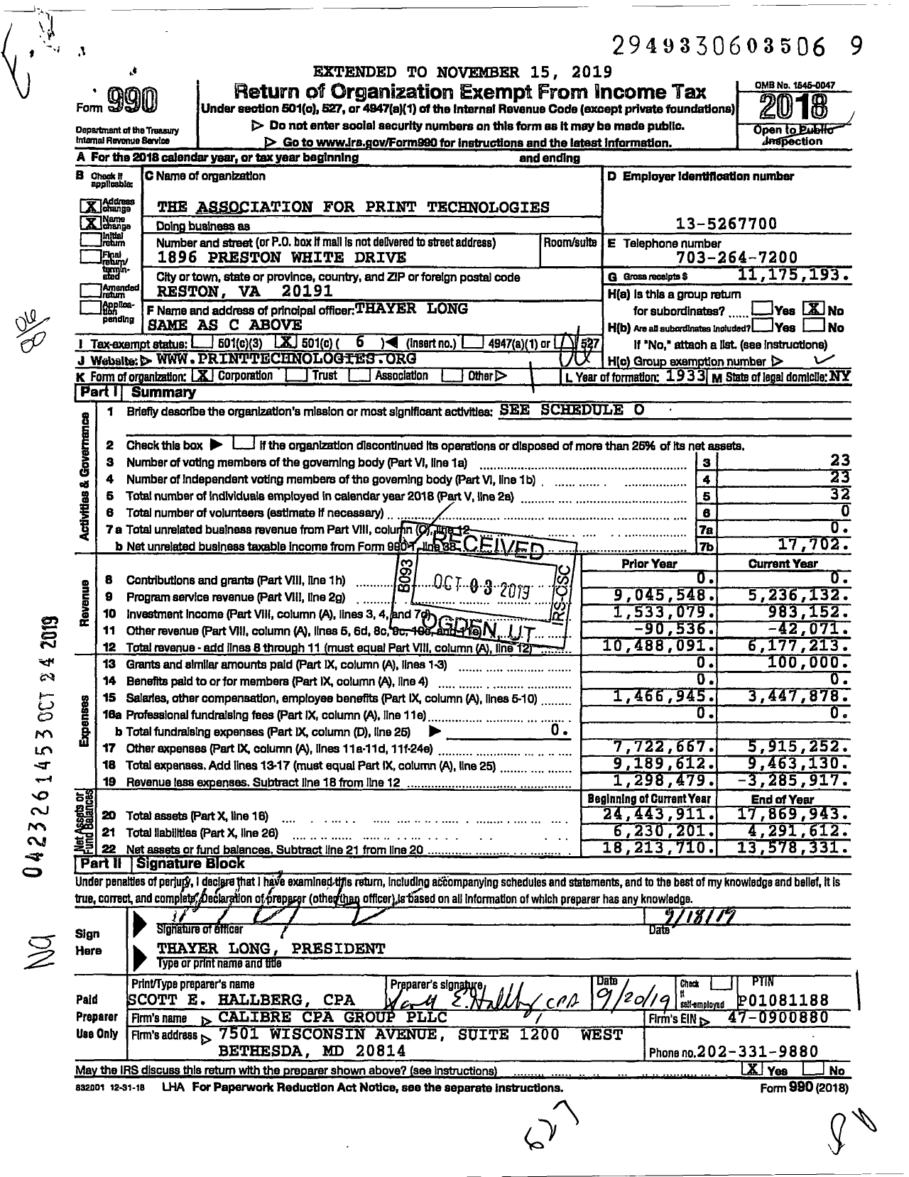 Image of first page of 2018 Form 990O for The Association for Print Technologies (NPES)