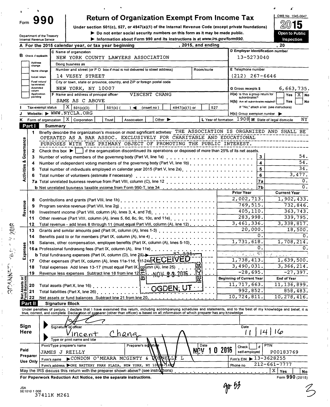 Image of first page of 2015 Form 990 for New York County Lawyers Association