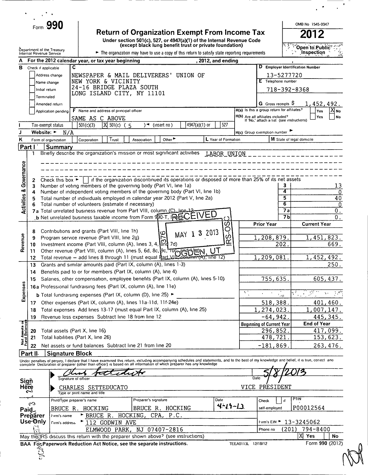 Image of first page of 2012 Form 990O for Newspaper and Mail Deliverers' Union of New York and Vicinity