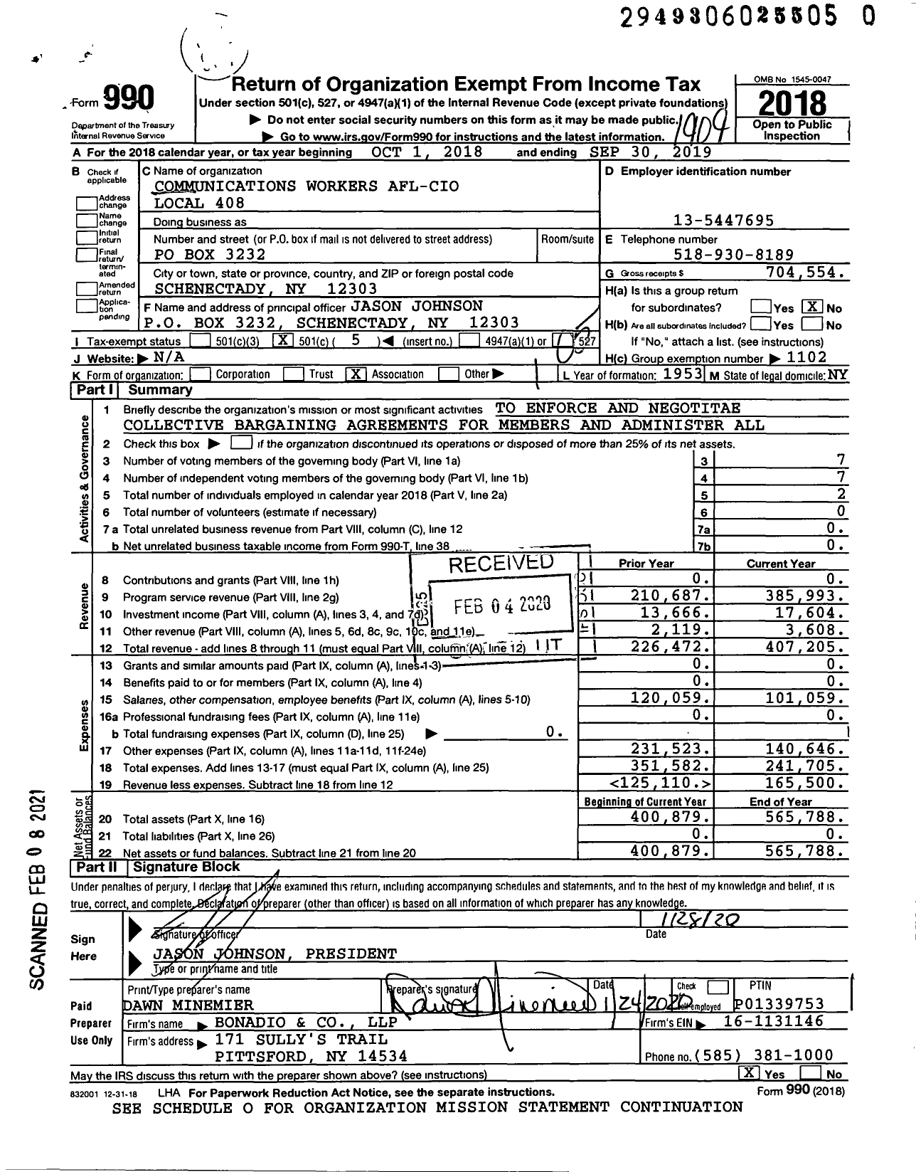 Image of first page of 2018 Form 990O for Communications Workers of America - 408 Local 81408