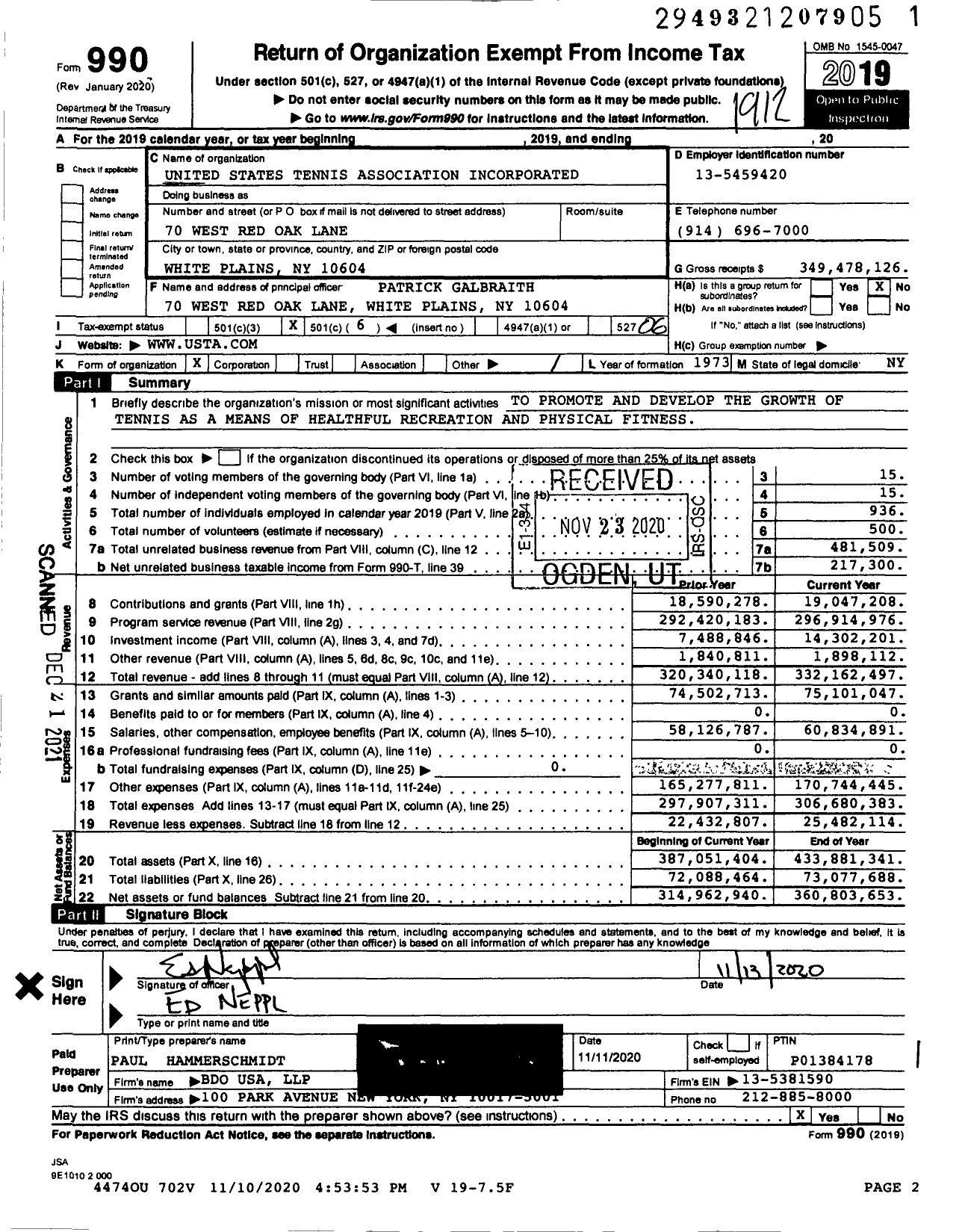 Image of first page of 2019 Form 990O for United States Tennis Association Incorporated