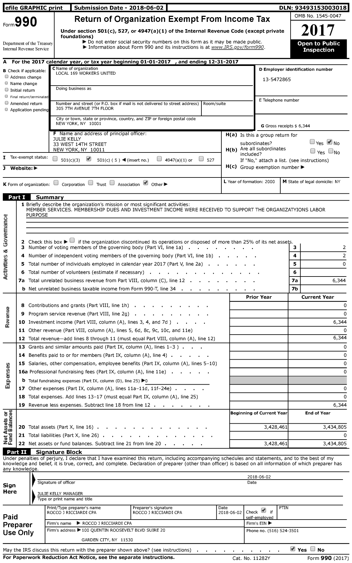 Image of first page of 2017 Form 990 for Local 169 Workers United