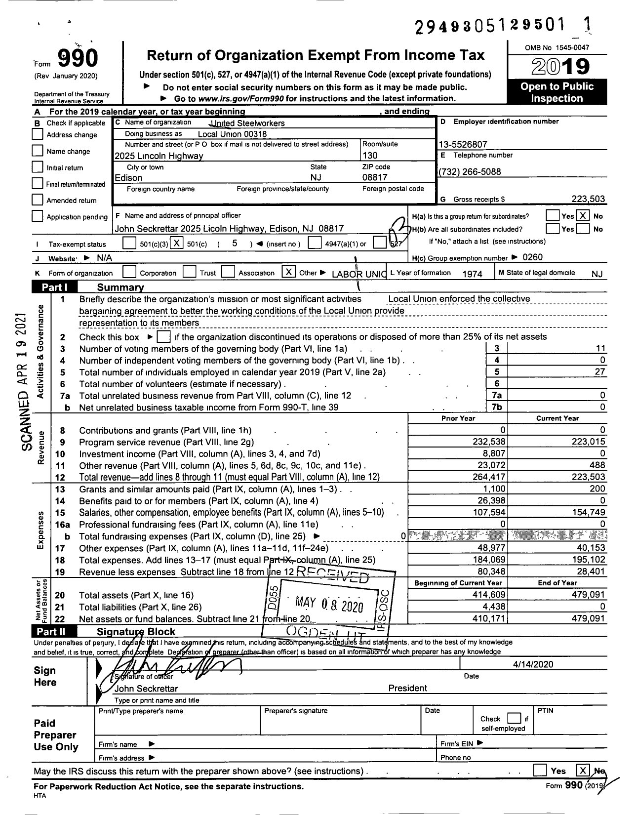 Image of first page of 2019 Form 990 for United Steelworkers - 00318 Local