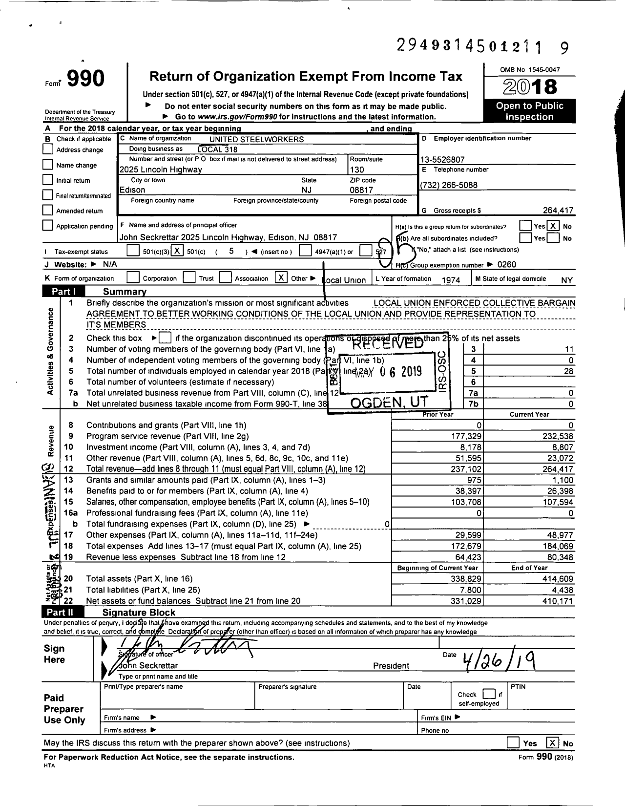 Image of first page of 2018 Form 990O for United Steelworkers - 00318 Local