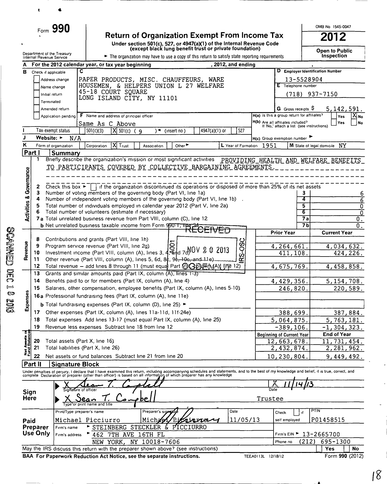 Image of first page of 2012 Form 990O for Paper Products Misc Chauffeurs Ware Housemen and Helpers Union L