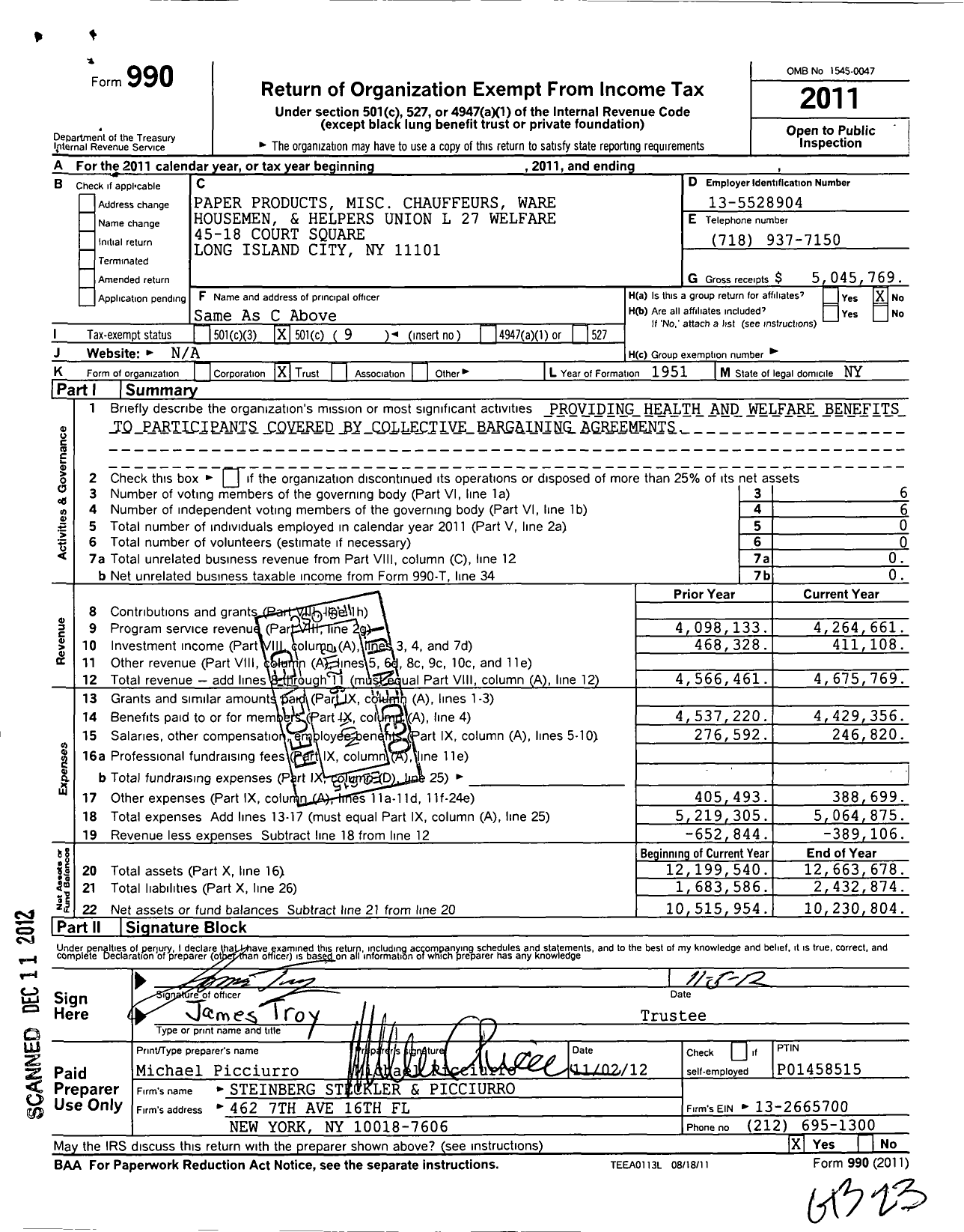 Image of first page of 2011 Form 990O for Paper Products Misc Chauffeurs Ware Housemen and Helpers Union L