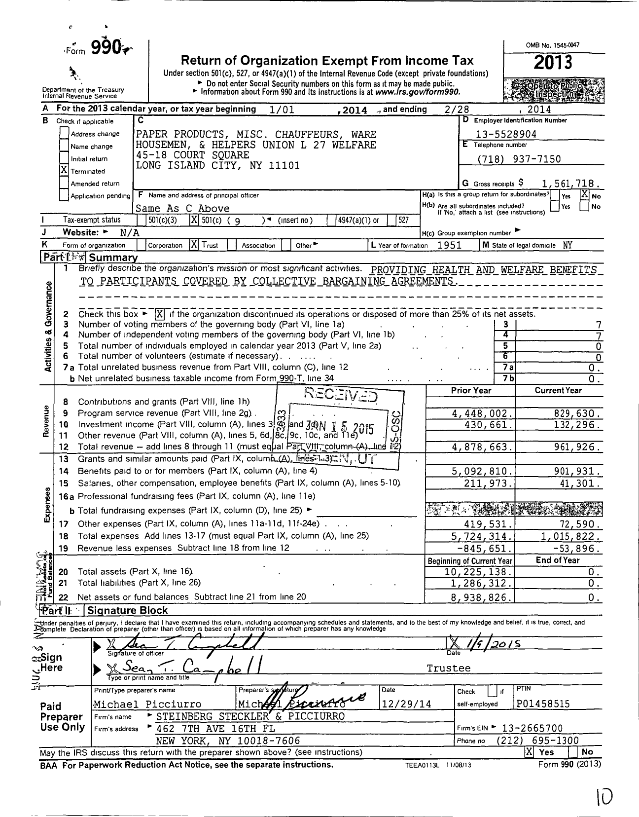 Image of first page of 2013 Form 990O for Paper Products Misc Chauffeurs Ware Housemen and Helpers Union L