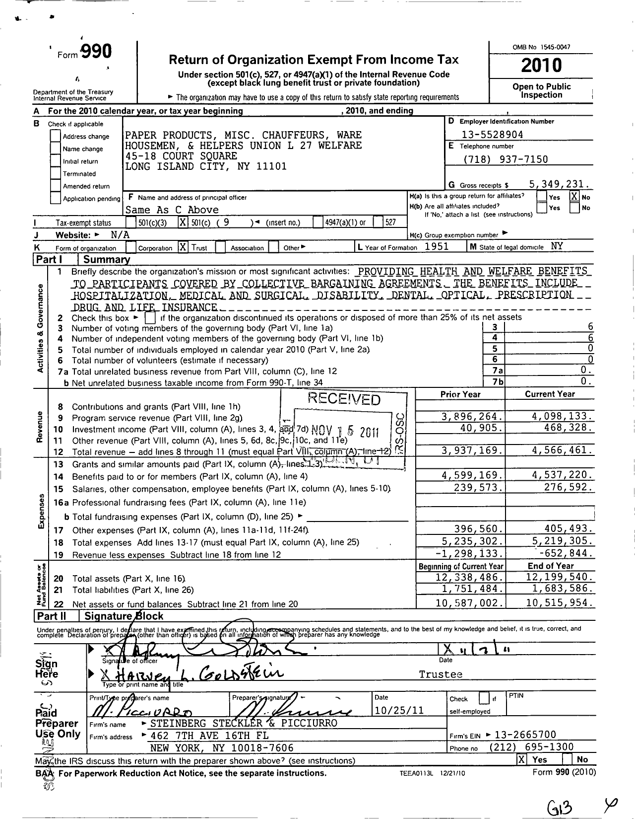 Image of first page of 2010 Form 990O for Paper Products Misc Chauffeurs Ware Housemen and Helpers Union L