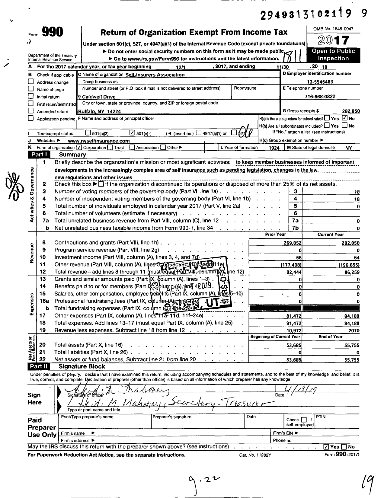 Image of first page of 2017 Form 990O for Self-Insurers Association