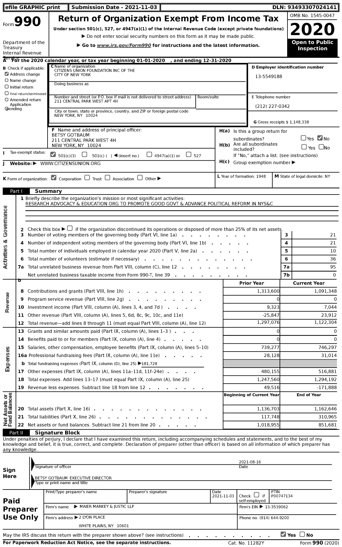 Image of first page of 2020 Form 990 for Citizens Union Foundation of the City of New York