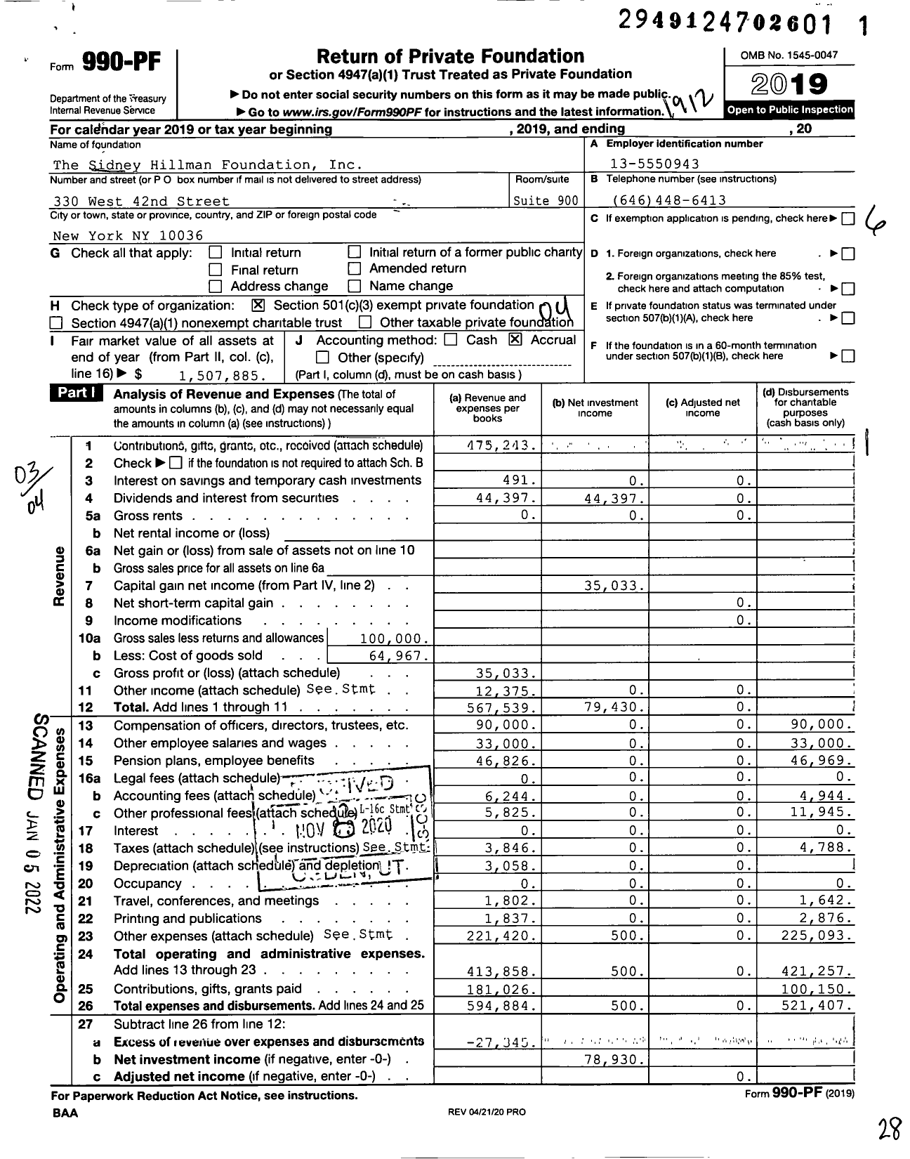 Image of first page of 2019 Form 990PF for The Sidney Hillman Foundation