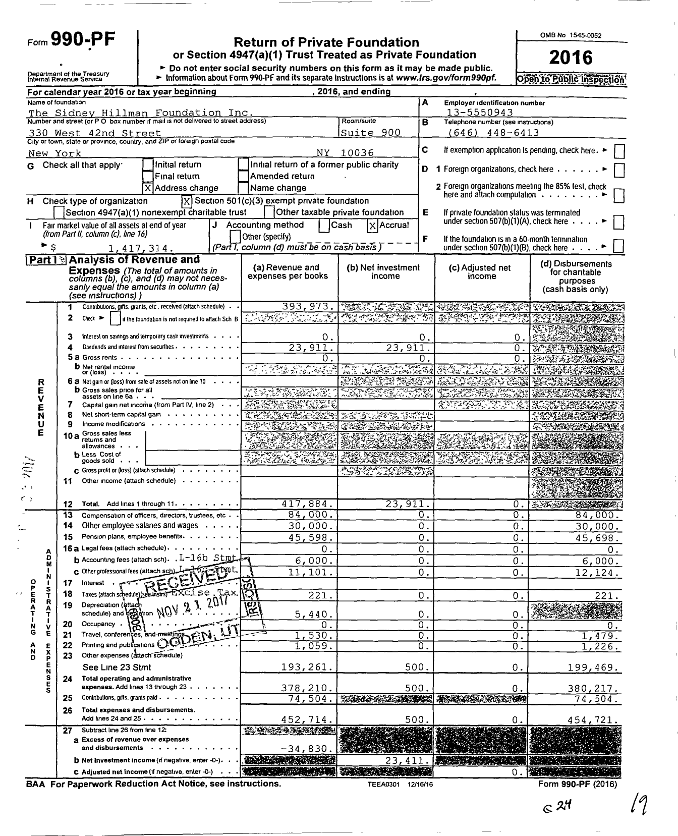 Image of first page of 2016 Form 990PF for The Sidney Hillman Foundation