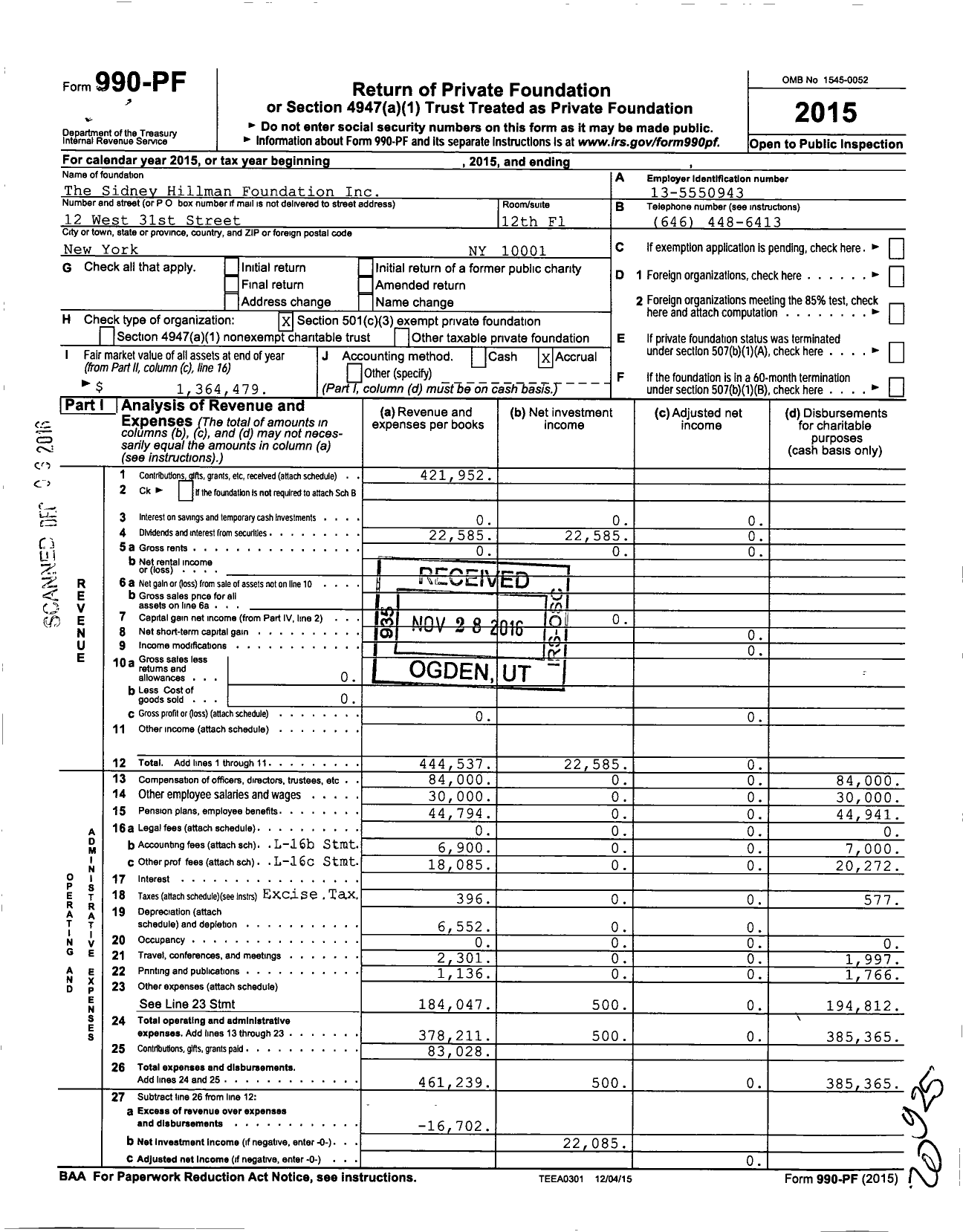 Image of first page of 2015 Form 990PF for The Sidney Hillman Foundation