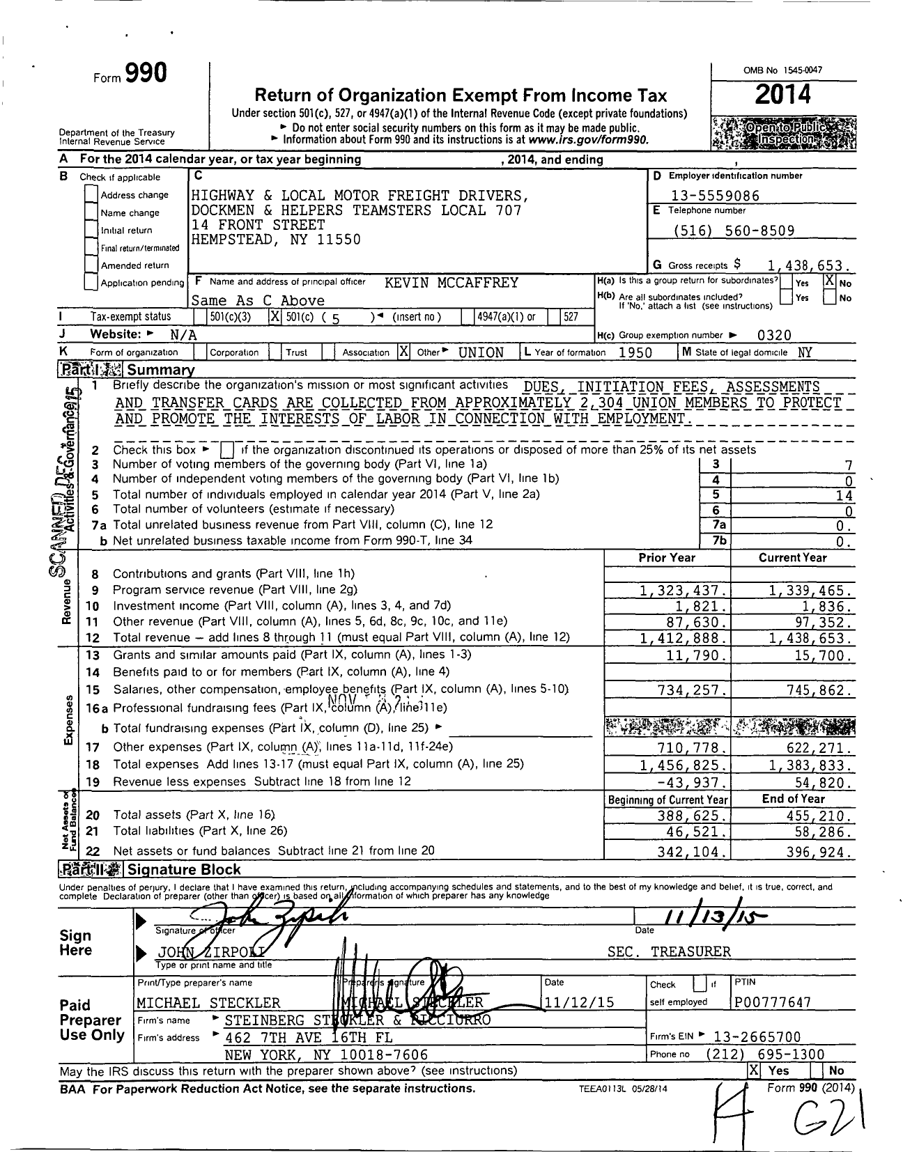 Image of first page of 2014 Form 990O for Teamsters - 707 Local
