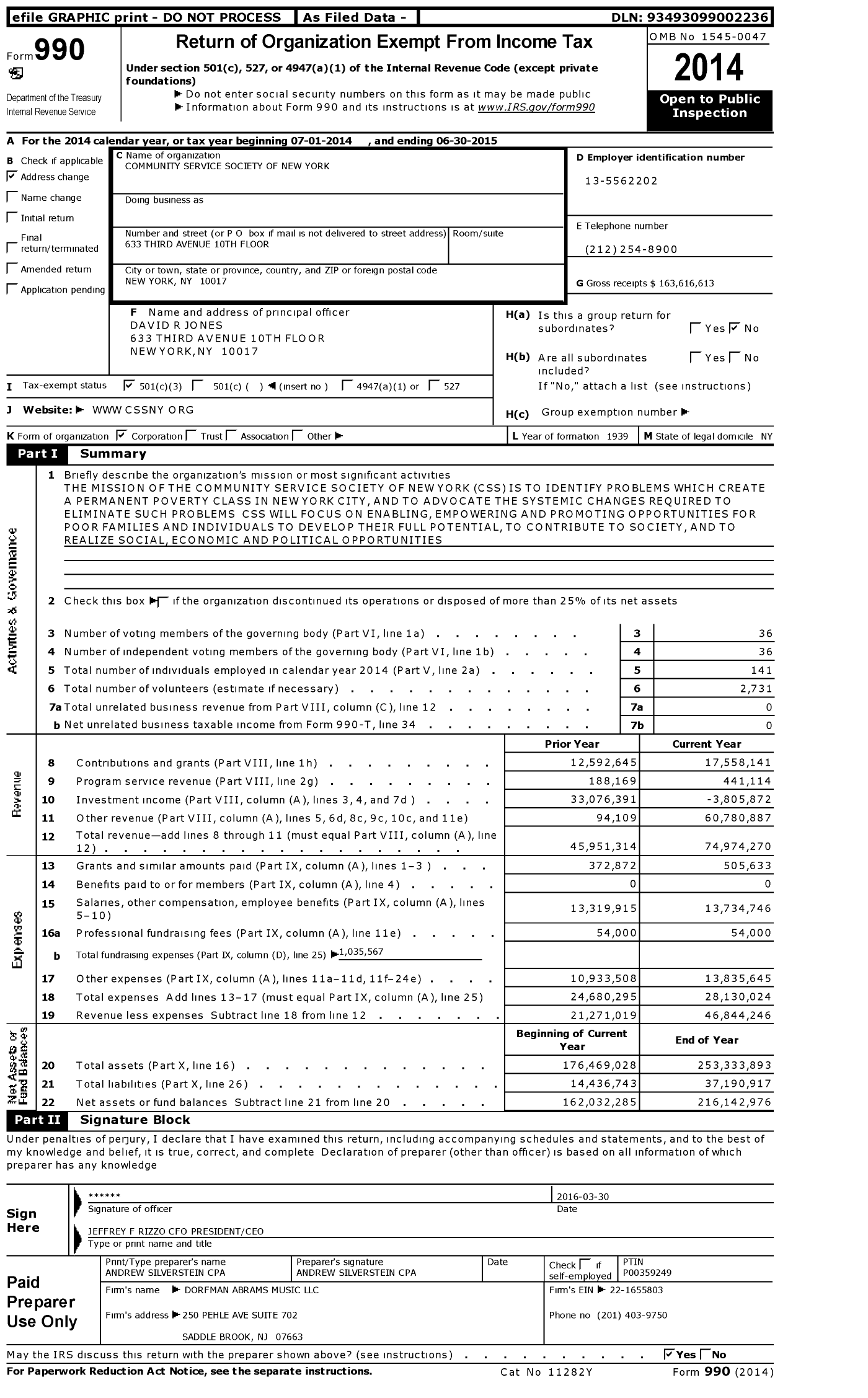 Image of first page of 2014 Form 990 for Community Service Society of New York (CSS)