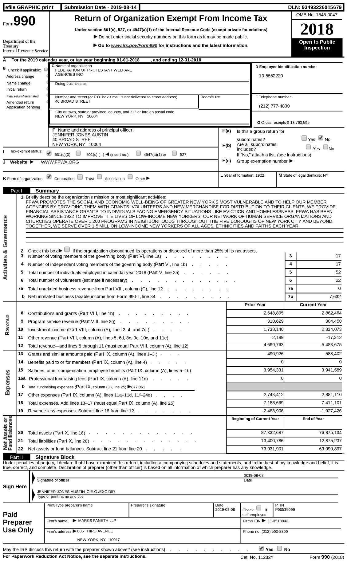 Image of first page of 2018 Form 990 for Federation of Protestant Welfare Agencies