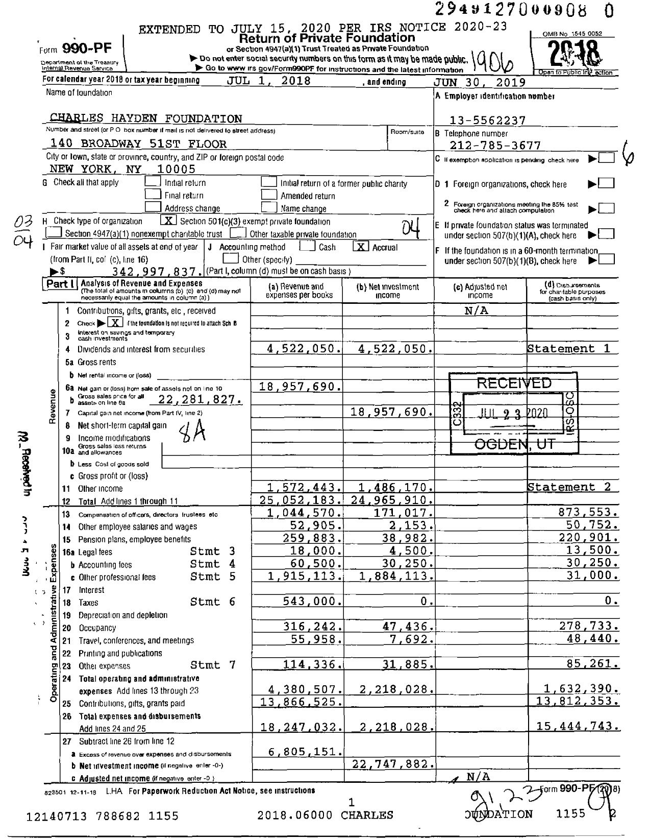 Image of first page of 2018 Form 990PF for Charles Hayden Foundation