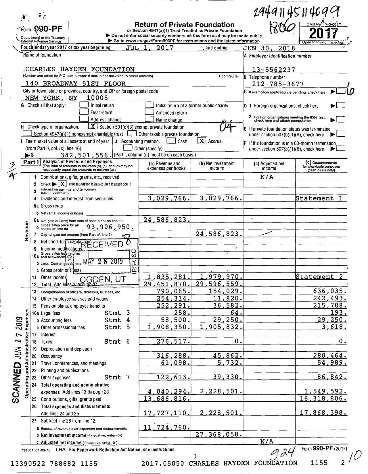 Image of first page of 2017 Form 990PF for Charles Hayden Foundation