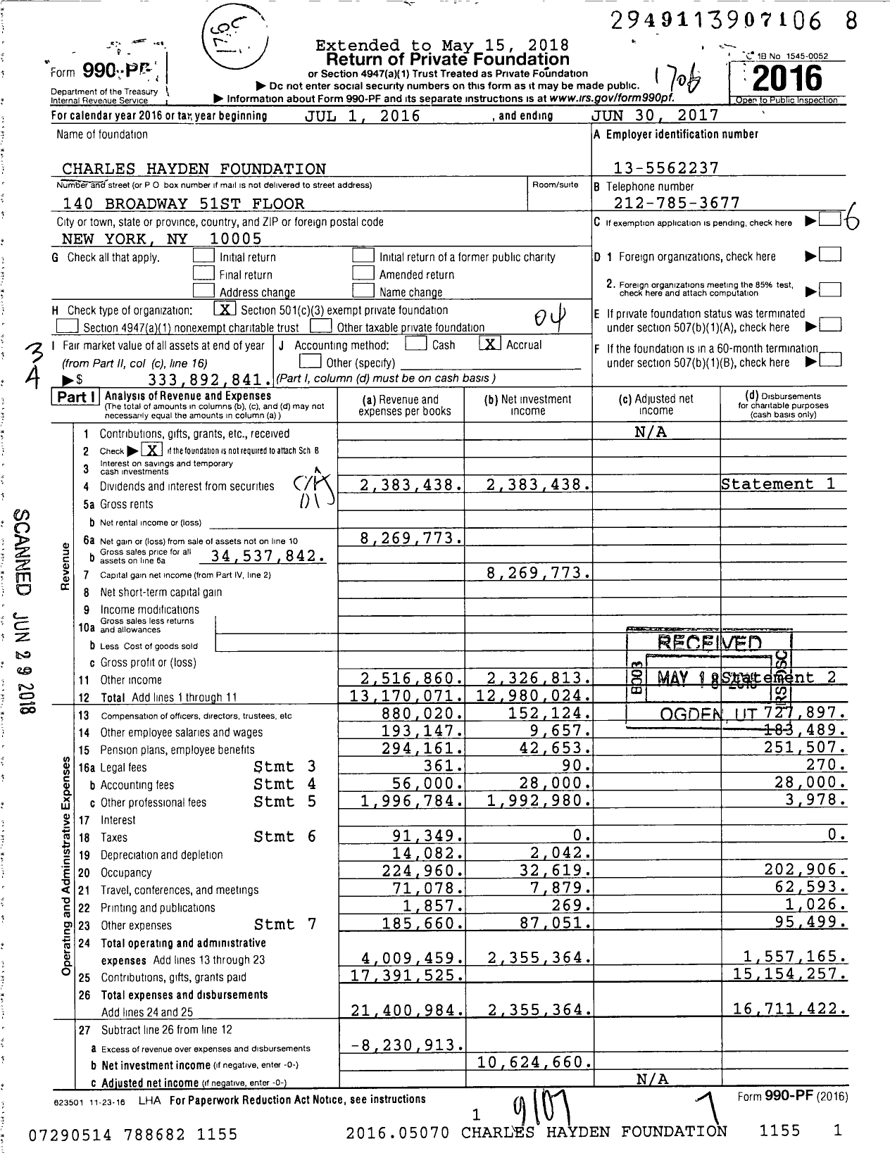 Image of first page of 2016 Form 990PF for Charles Hayden Foundation